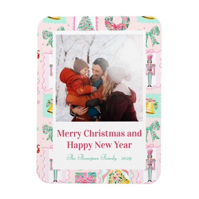Pink & Green Nutcracker Custom Christmas Photo  Magnet (Vertikal)