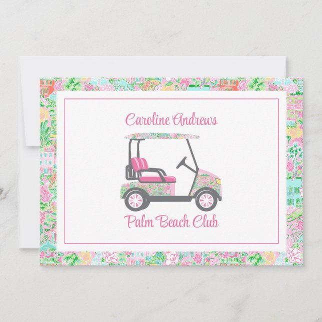 Pink & Green Palm Beach Golf Cart Personalized Tack Kort (Framsida)
