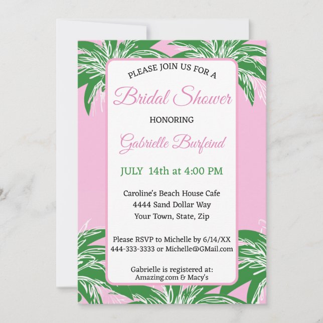 Pink & Green Palm Bridal Shower Invitation | Palm  Inbjudningar (Framsida)