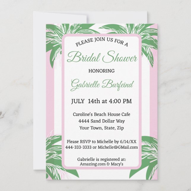 Pink & Green Palm Bridal Shower Tropical  Inbjudningar (Framsida)
