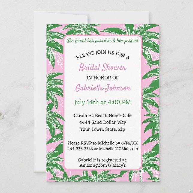 Pink Green Palm Tree Preppy Summer Shower Party Inbjudningar (Framsida)