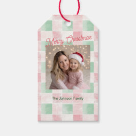 Pink Green Retro Pattern Photo Christmas Presentetikett