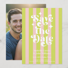 Pink Green Retro Typography Wedding Save The Date Meddelande