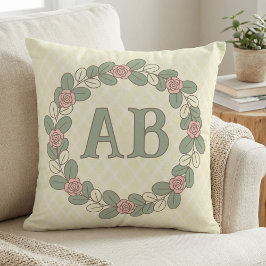Pink Green Rose Wreath Monogram Throw Pillow Kudde