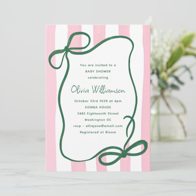 Pink Green Striped Bow Cute Baby Shower Whimsical Inbjudningar (Stående Fram)