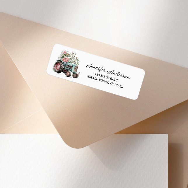 Pink Green Tractor Cute Fun Farm Address Returadress Etikett (Skapare uppladdad)