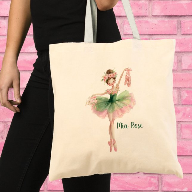 Pink & Green Tutu Ballet Girl with Slippers  Tygkasse (Personalized Ballerina Tote Bag – Pink & Green Tutu Ballet Girl with Slippers & Flowers)