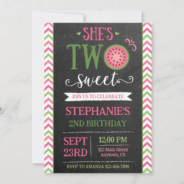 Pink Green Two Sweet Melon 2nd Birthday Invitation Inbjudningar (Framsida)