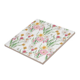 Pink Green Watercolor Wildflower Kakelplatta