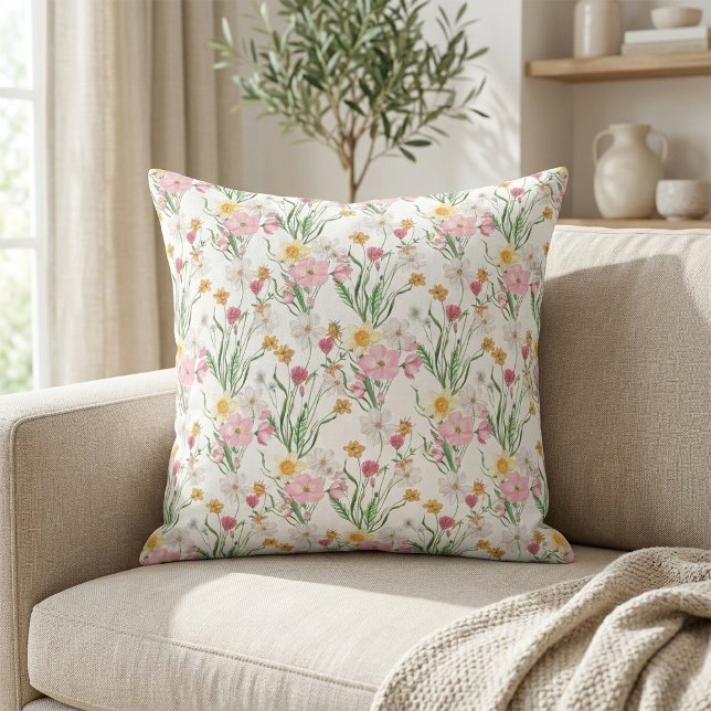 Pink Green Watercolor Wildflower Kudde (Pink Green Watercolor Wildflower Floral Throw Pillow)