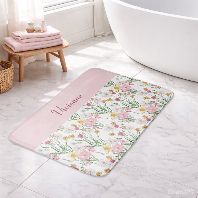Pink Green Watercolor Wildflower Monogram Badrumsmatta (Pink Green Watercolor Wildflower Monogram Bath Mat)
