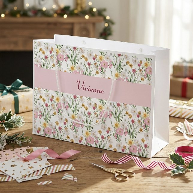 Pink Green Wildflower Watercolor Monogram Name (Pink Green Wildflower Watercolor Monogram Name Large Gift Bag)