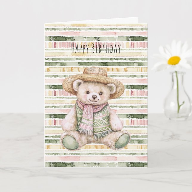 Pink Green Yellow Stripes Teddy Bear Birthday Kort (Liten växt)