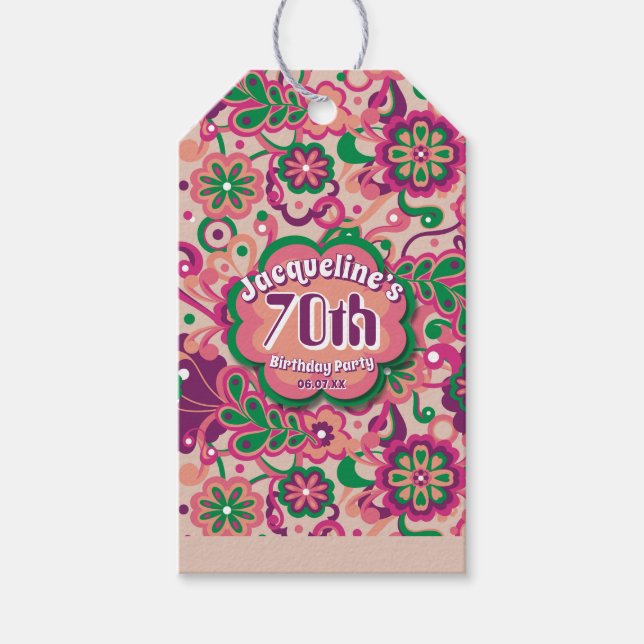 Pink Groovy Psychedelic 60s 70s Floral Birthday Presentetikett (Framsidan)