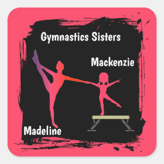 Pink Grunge Gymnastics Sisters Name Art Fyrkantigt Klistermärke