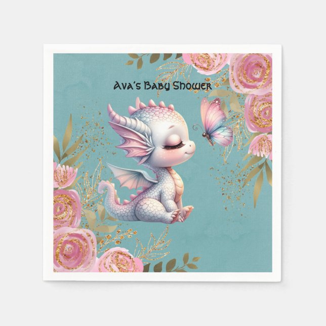 Pink Guld Floral Dragon Butterfly Girl Baby Shower Pappersservett (Framsidan)