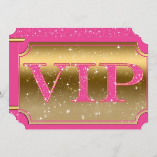 Pink & Guld Glitter Glam VIP Party Biljett Inbjudningar (Fram/baksida)
