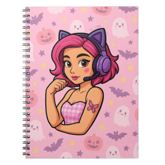 Pink Halloween Gamer Girl Notebook | Kawaii Ghosts Anteckningsbok
