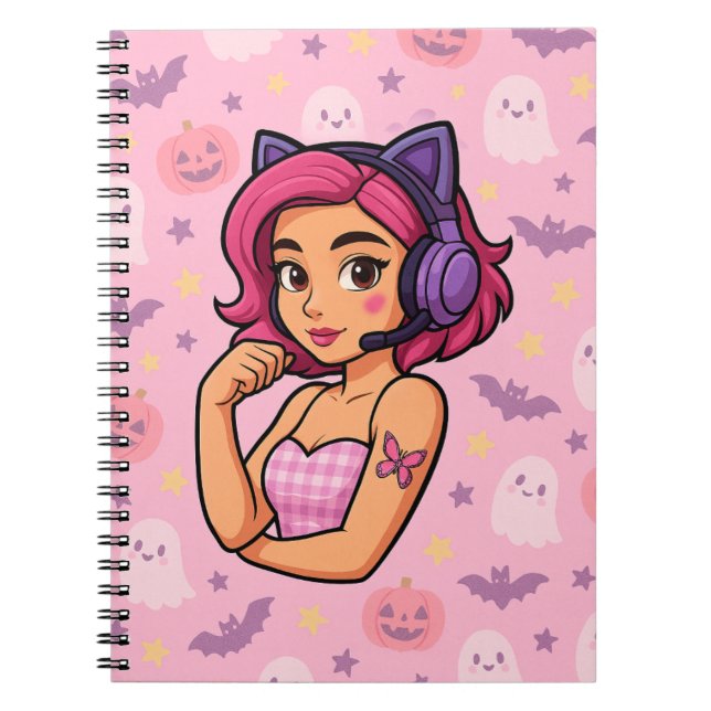 Pink Halloween Gamer Girl Notebook | Kawaii Ghosts Anteckningsbok (Framsidan)