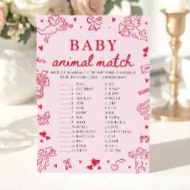 Pink Hand Drawn Baby Animal Match Baby Shower Game Inbjudningar