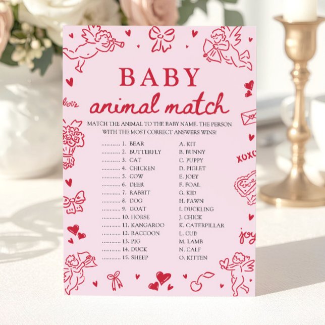 Pink Hand Drawn Baby Animal Match Baby Shower Game Inbjudningar (Pink Hand Drawn Baby Animal Match Baby Shower Game)