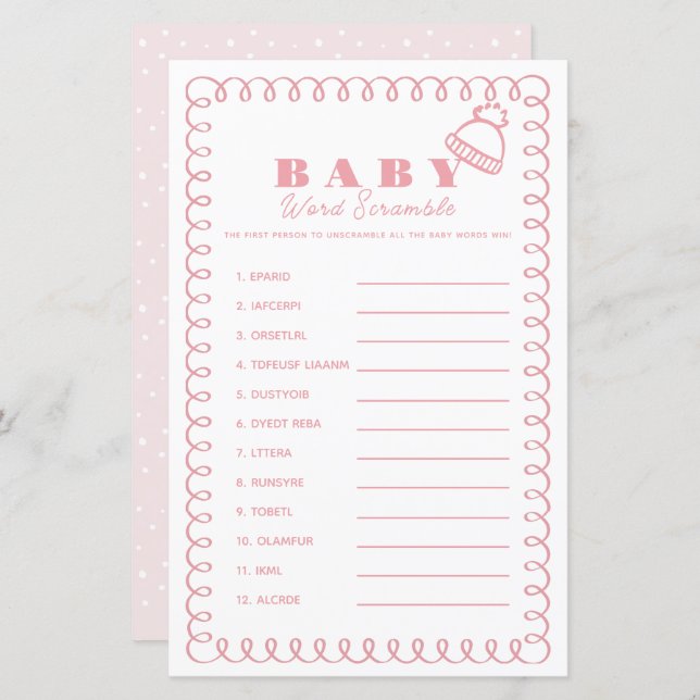 Pink Hand-Drawn Beanie Girl Baby Word Scramble (Fram/baksida)