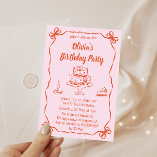 Pink Hand-Drawn Cake & Ribbon Border Birthday Inbjudningar
