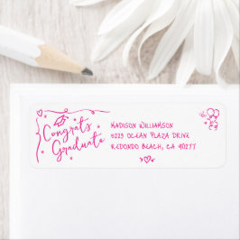 Pink Hand Drawn Doodle Graduation White Address Returadress Etikett