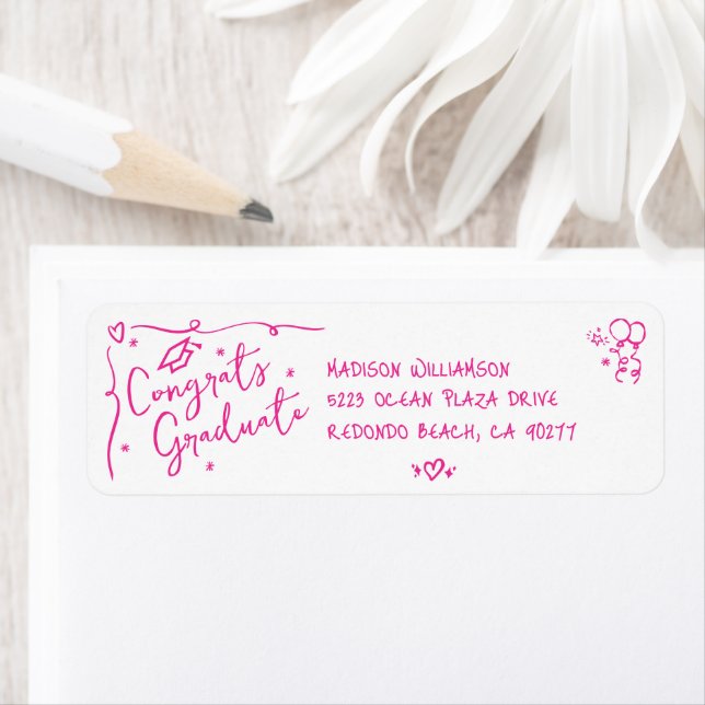Pink Hand Drawn Doodle Graduation White Address Returadress Etikett (Insitu)