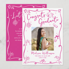 Pink Hand Drawn Doodles Graduate Photo White Retro Meddelande