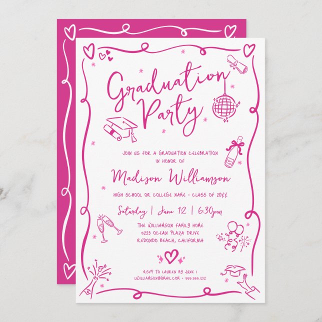 Pink Hand Drawn Doodles Graduation Fun White Party Inbjudningar (Fram/baksida)