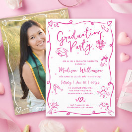 Pink Hand Drawn Doodles Photo Graduate White Party Inbjudningar
