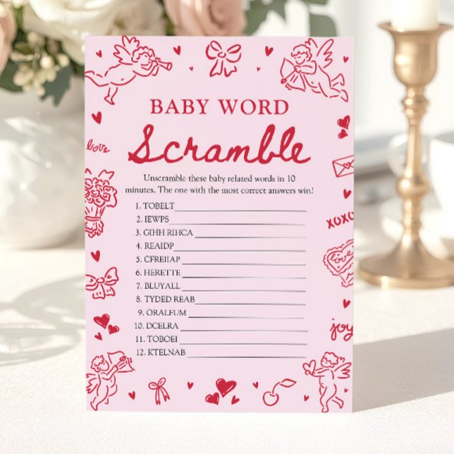 Pink Hand Drawn Valentine Baby Word Scramble Game Inbjudningar (Pink Hand Drawn Valentine Baby Word Scramble Game)