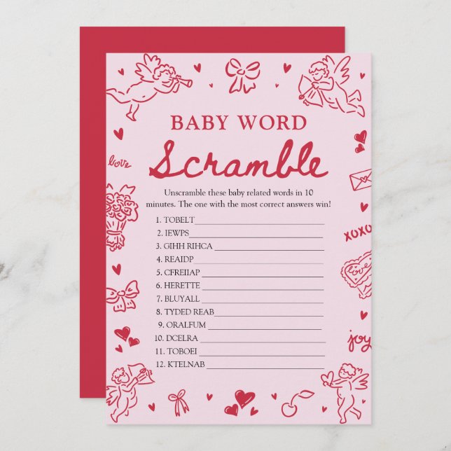Pink Hand Drawn Valentine Baby Word Scramble Game Inbjudningar (Fram/baksida)