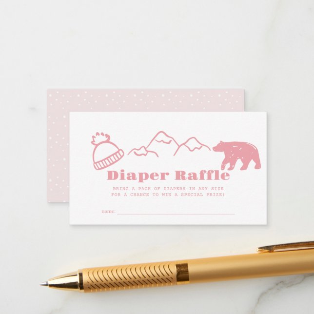 Pink Hand-Drawn Winter Baby Diaper Raffle Ticket Tilläggskort (Fram/Back In Situ)