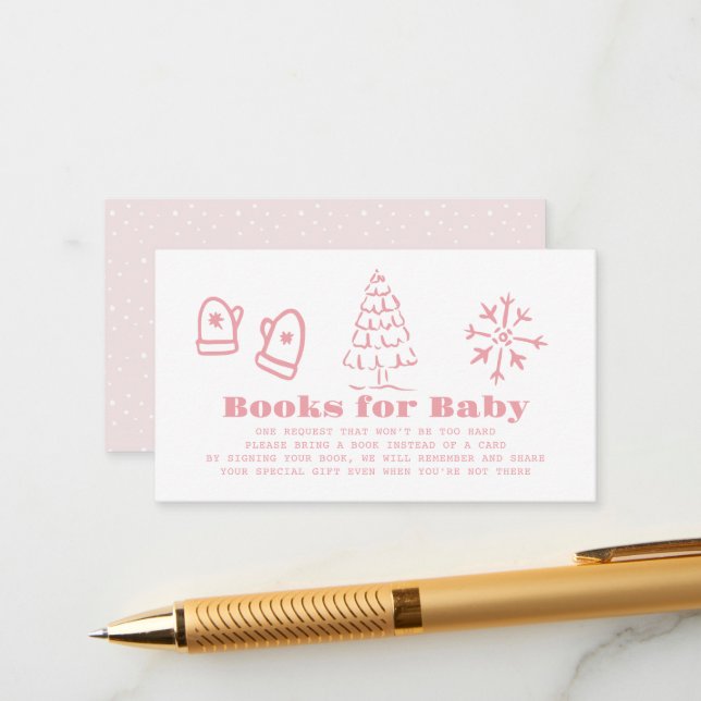 Pink Hand-Drawn Winter Baby Shower Book Request Tilläggskort (Fram/Back In Situ)