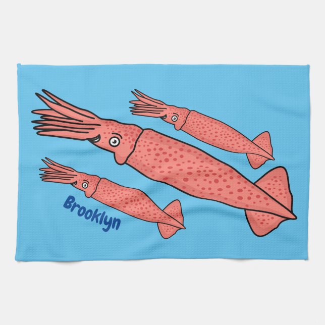 Pink happy squid cartoon illustration  kökshandduk (Horisontell)