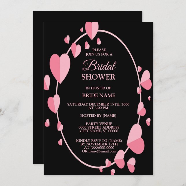 Pink Heart Black Geometric Bridal Shower Party Inbjudningar (Fram/baksida)