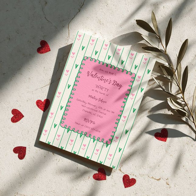 Pink Heart Blooms & Green Heart - Modern Valentine Inbjudningar (Skapare uppladdad)