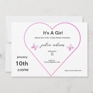 Pink Heart Butterfly flicka baby shower-inbjudan Inbjudningar