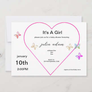 Pink Heart Butterfly girl baby shower Invitation Inbjudningar