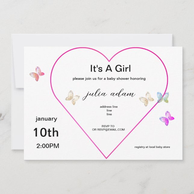 Pink Heart Butterfly girl baby shower Invitation Inbjudningar (Framsida)