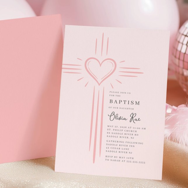 Pink Heart Cross Baptism Invitation Inbjudningar (Skapare uppladdad)