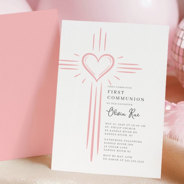 Pink Heart Cross First Communion Invitation Inbjudningar (Skapare uppladdad)