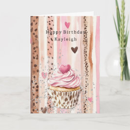 Pink Heart Leopard Cupcake Confetti Birthday Kort