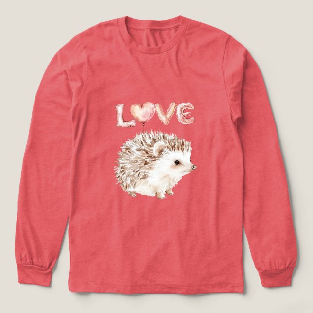 Pink Heart Love Balloons Cute Hedgehog T Shirt (Design framsida)