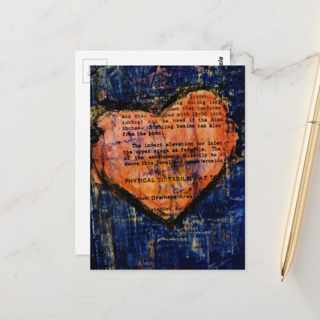 Pink Heart Mixed Media Collage Vykort (Fram/Back In Situ)