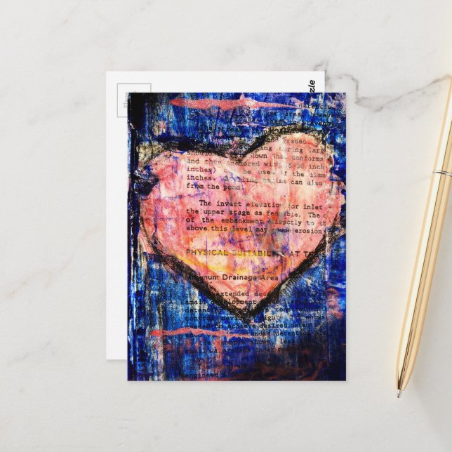 Pink Heart Mixed Media Collage Vykort (Fram/Back In Situ)