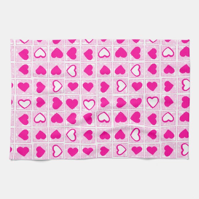 Pink Heart Pastel Fun Squares Kökshandduk (Horisontell)