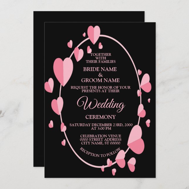 Pink Heart Pattern Black Geometric Elegant Wedding Inbjudningar (Fram/baksida)